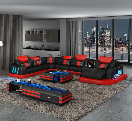 Corner sofa U-shape Sideboard Coffee table Couch Design Gray Upholstery Leather Modern 3-piece.