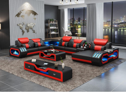 Living landscape Couch Upholstery Suite Sofa 3-piece. Set Coffee table Sideboard Leather