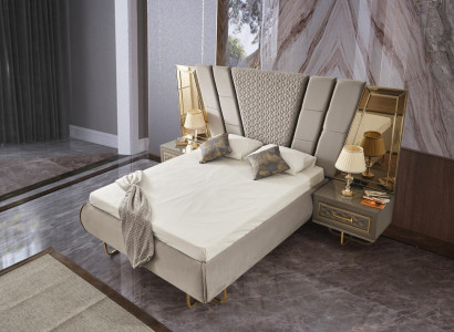 Luxury Bed Hotel Beds with 2x Bedside table Gold Shiny Furniture Bedroom