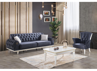 Living room Furniture Couches Sofa Chesterfield Armchair Coffee table 3pcs Fabric
