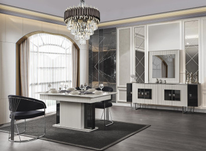 Luxury Dining room Suite Dining table with 6x armchairs Chest of drawers Mirror 8pcs
