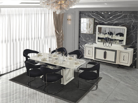 Modern Dining room Set White Dining table 6 Chairs white Sideboard Mirror new