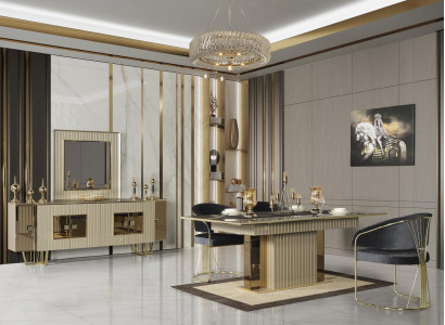 Golden Dining room Set Dining table Dining set Table 4x armchair Chest of drawers 6 pieces