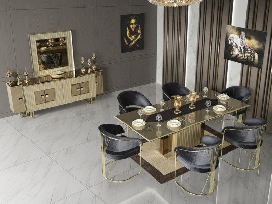 Golden Dining room Set Dining table Dining set Table 4x armchair Chest of drawers 6 pieces