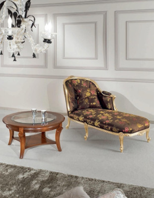 Classic Chaise Longue + Coffee table Gold Flowers Lounger Italian Furniture Table
