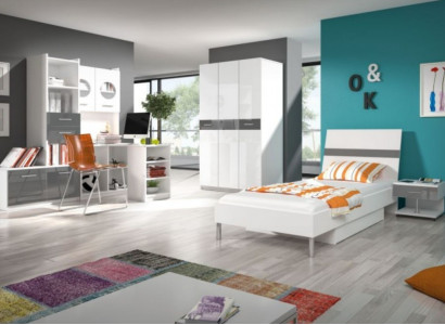 Gray Childrens room Complete single bed Wardrobe Chest of drawers 5-piece youth room