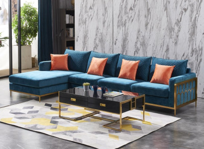 Corner sofa L-shape Coffee table Sofa Couch Design Upholstery Luxury Blue Table