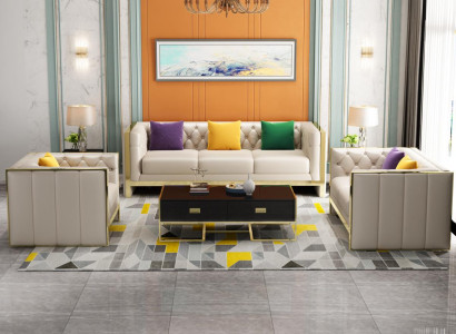 Beige Chesterfield Sofa set 3+2 Seater Upholstered Sofas Leather Living room Suite