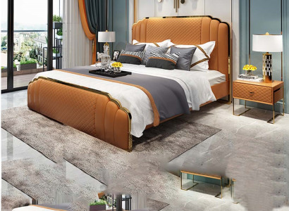Design leather bed bedroom 3 pieces. Set 2x Bedside table Beds Luxury Furniture