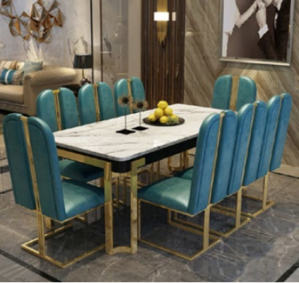 stainless steel Marble Imitation Table + 8 Lehn Chairs Dining Room Group