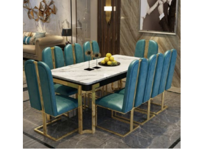 stainless steel Marble Imitation Table + 8 Lehn Chairs Dining Room Group