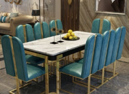 stainless steel Marble Imitation Table + 8 Lehn Chairs Dining Room Group
