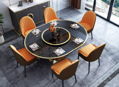 Design Dining Room Chair Set Metal Tables Armchair 6x Chairs + Table Suite