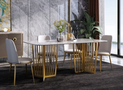 Luxury Dining table Leather + stainless steel Marble Imitation Table Stone Dining room