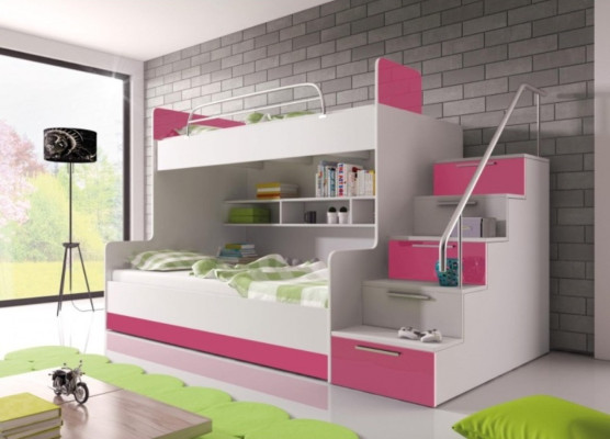 Bunk Bed Childrens room Beds Loft bed Double bunk bed High gloss Furniture Pink