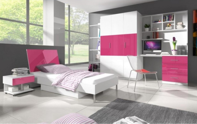 Pink Childrens room Set Bed Bedside table Wardrobe Desk Bookshelf new 5pcs.