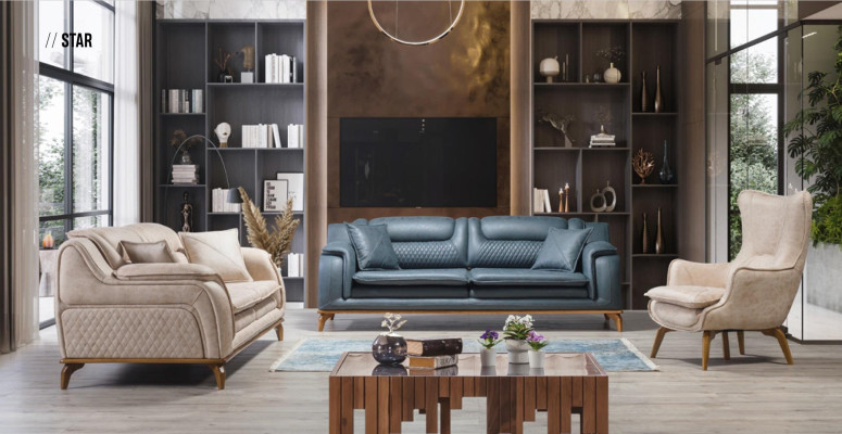 Sofa set 3+3+1 Seater Blue Armchair Luxury Leather Sofa Couch Furniture Western Style