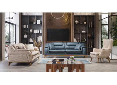 Sofa set 3+3+1 Seater Blue Armchair Luxury Leather Sofa Couch Furniture Western Style