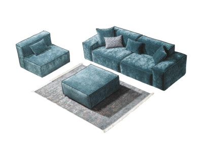 Sofa set Cube Furniture xxl 3+1 Seater Blue Living room Armchair Stool