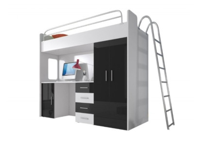 Black Double bunk bed Wood Bunk Bed Girls High Gloss Desk Wardrobe