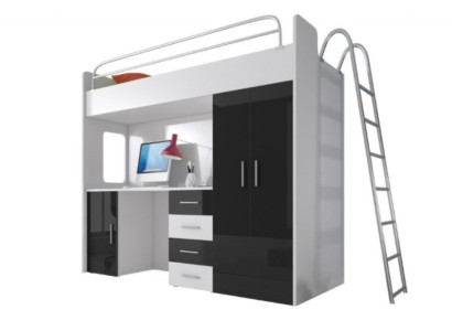 Black Double bunk bed Wood Bunk Bed Girls High Gloss Desk Wardrobe