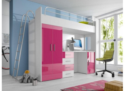 Pink Double bunk bed Wood Bunk Bed Girls High Gloss with Desk Wardrobe