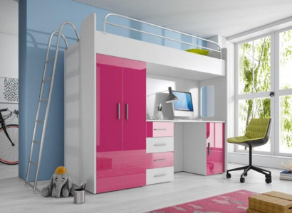 Pink Double bunk bed Wood Bunk Bed Girls High Gloss with Desk Wardrobe