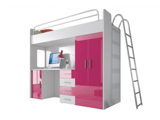 Pink Double bunk bed Wood Bunk Bed Girls High Gloss with Desk Wardrobe