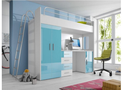 Blue Double bunk bed Wood Bunk Bed Girls High Gloss with Desk Wardrobe