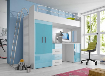 Blue Double bunk bed Wood Bunk Bed Girls High Gloss with Desk Wardrobe