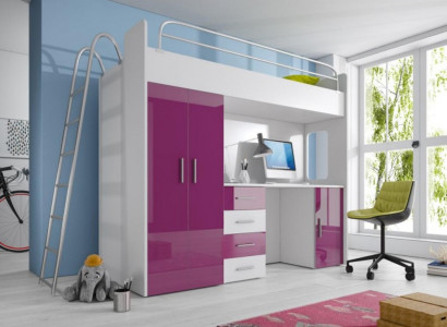 Purple Double bunk bed Wood Bunk Bed Girls High Gloss with Desk Wardrobe