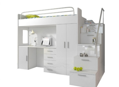 Childrens room Double bunk bed White Table Wardrobe Multifunction bunk loft bed