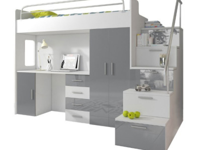 Double bunk bed Gray Table Wardrobe Multifunction Bunk Loft bed Childrens room