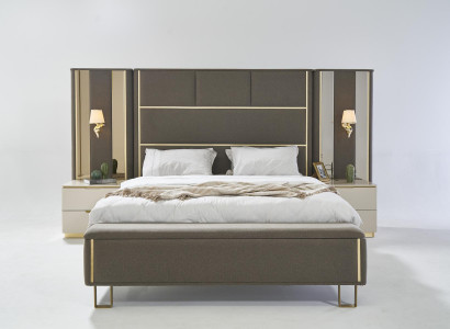 Bed Double bed 2x Bedside tables Wood Design Beds Bedroom Upholstery 3 piece set