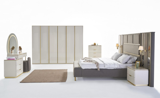 Bed Double bed 2x Bedside tables Wood Design Beds Bedroom Upholstery 3 piece set