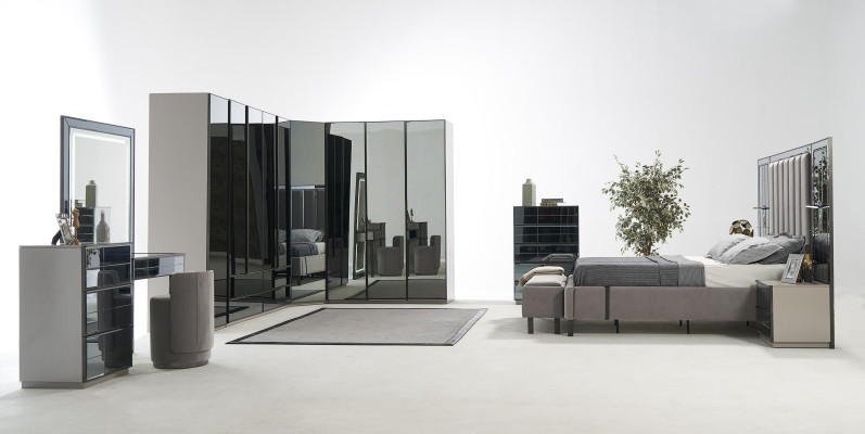 Luxury Glass Bedroom Bed Bedside table Corner Cabinet Dresser Mirror Stool Gray