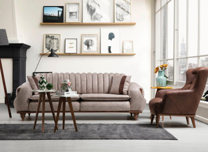 Designer sofa set 3+1 seat coffee table sofa cover textile brown wood