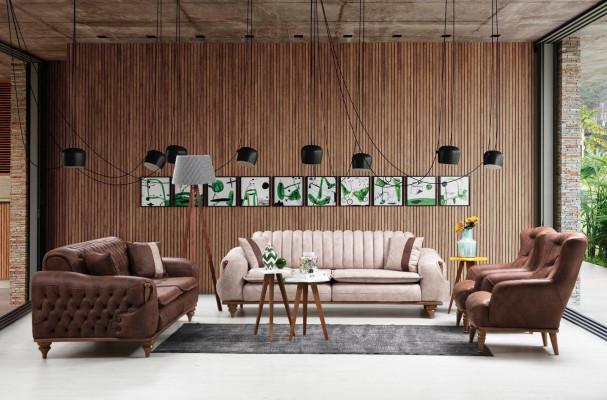 Designer sofa set 3+1 seat coffee table sofa cover textile brown wood