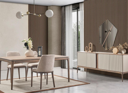 Dining set Dining table 4 Chairs Sideboard Mirror Modern 7-piece Wood Beige
