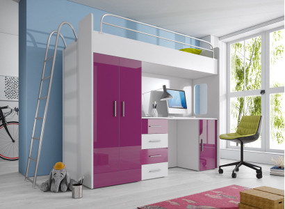 Double bunk bed BUNK BETT Bunk bed with Desk + Wardrobe -RAJ 4D PURPLE