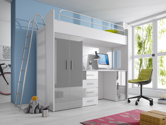 Double bunk bed BUNK BETT Bunk bed with Desk + Wardrobe -RAJ 4D White