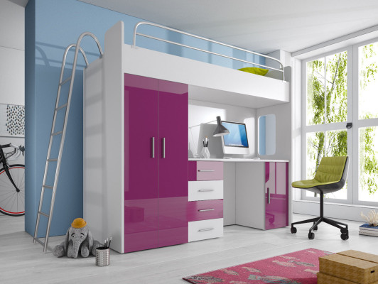 Double bunk bed BUNK BETT Bunk bed with Desk + Wardrobe -RAJ 4D White