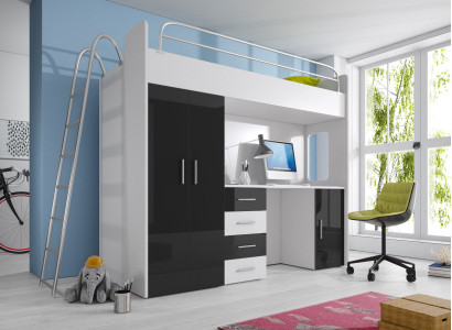 Double bunk bed BUNK BETT Bunk bed Desk + Wardrobe -RAJ 4D Black