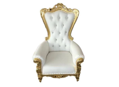 Elegant white armchair with a dynamic silhouette and magnificent decorative elements in the form of floral patterns
