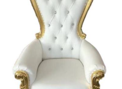 Elegant white armchair with a dynamic silhouette and magnificent decorative elements in the form of floral patterns
