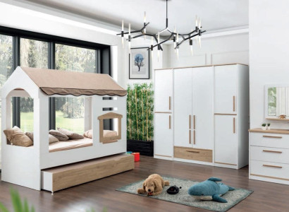 Childrens room Bed House Covered Bed Bedroom Set Suite Mirror 4pcs.