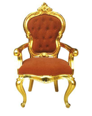 Elegant baroque chair in the original orange color with shiny gold-colored supports