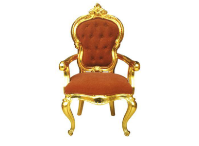 Elegant baroque chair in the original orange color with shiny gold-colored supports