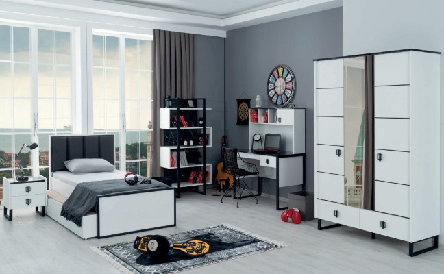 Teeneger Room Youth Bedroom Furniture Bed + Bedside table Black White 2pcs.