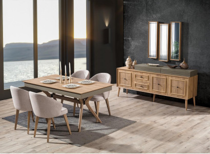 Design 9 pieces. Dining room set Dining table + 4x Chairs + Sideboard + 3x Mirror Modern